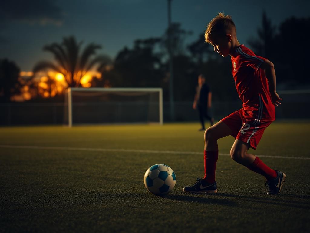Young soccer player doing 1-on-1 ball training at dusk